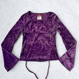 Jordache Vintage Top Girls XS 4/5 Y2K Purple Velvet Silver Butterflies Tie Waist